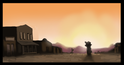 Size: 1176x623 | Tagged: safe, artist:plunger, derpibooru import, oc, oc:the mare with no name, earth pony, pony, building, cactus, female, hat, sunset, town, western