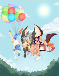 Size: 1920x2480 | Tagged: safe, artist:pvrii, derpibooru import, oc, oc only, earth pony, pegasus, pony, balloon, bat wings, giraffe pony, wings