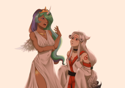 Size: 2048x1444 | Tagged: safe, artist:ghoasthead, derpibooru import, princess celestia, human, amaterasu, breasts, clothes, crossover, dress, duo, female, hair over one eye, height difference, horn, horned humanization, humanized, okami, princess breastia, side slit, simple background, white background, winged humanization, wings