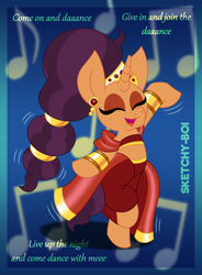 Size: 2800x3800 | Tagged: safe, artist:snakeythingy, derpibooru import, saffron masala, pony, belly dancer, belly dancer outfit, dancer, gradient background, it's gonna work, lyrics, music notes, text