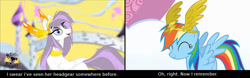 Size: 1600x500 | Tagged: safe, derpibooru exclusive, derpibooru import, screencap, rainbow dash, oc, oc:athena (shawn keller), pegasus, pony, sonic rainboom (episode), guardians of pondonia, headgear, reference