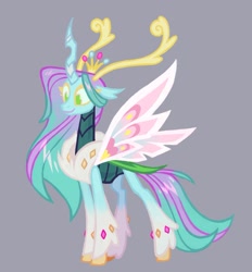 Size: 1155x1245 | Tagged: safe, artist:adreamera, derpibooru import, oc, oc only, changedling, changeling, changeling queen, changedling oc, changeling oc, changeling queen oc, female, gray background, simple background, smiling, solo