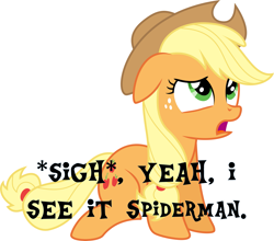 Size: 3413x3000 | Tagged: safe, artist:nieva-draws, derpibooru import, applejack, looking up, meme, sad, sigh, sitting, spider-man