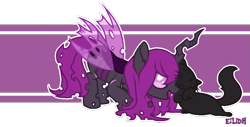 Size: 809x412 | Tagged: safe, artist:eilidh, derpibooru import, oc, oc:coco (changeling), cat, changeling, purple changeling, spread wings, wings