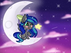 Size: 1024x768 | Tagged: safe, artist:darkjillmlp123, derpibooru import, oc, oc only, oc:summer breeze (pegasus), bow, chibi, cloud, female, hair bow, moon, night sky, one eye closed, open mouth, raised hoof, raised leg, signature, sitting, solo, spread wings, stars, wink