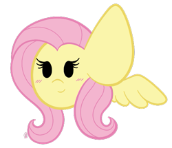 Size: 547x470 | Tagged: safe, artist:sugarcloud12, derpibooru import, fluttershy, pony, blush sticker, blushing, chibi, cute, head, impossibly large ears, shyabetes, simple background, smiling, solo, spread wings, transparent background, wings