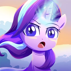 Size: 3000x3000 | Tagged: safe, artist:ce2438, derpibooru import, starlight glimmer, pony, unicorn, female, glowing horn, high res, horn, looking at you, mare, open mouth, solo, windswept mane