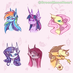 Size: 4000x4000 | Tagged: safe, artist:greenmaneheart, derpibooru import, applejack, fluttershy, pinkie pie, rainbow dash, rarity, twilight sparkle, pony, bust, mane six, pinkamena diane pie, portrait