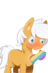 Size: 395x596 | Tagged: safe, alternate version, artist:mireil31, derpibooru import, oc, oc:breezy brown, blue eyes, blushing, brown fur, lgbt flag, looking away, lowres, pride, pride flag, rainbow flag, shy, simple background, white background, white hair, white mane