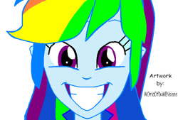 Size: 718x486 | Tagged: safe, artist:tonylixious, derpibooru import, rainbow dash, equestria girls, guitar centered, rainbow rocks, bust, eyelashes, female, grin, simple background, smiling, solo, white background