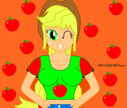 Size: 758x647 | Tagged: safe, artist:tonylixious, derpibooru import, applejack, equestria girls, apple, bust, clothes, female, food, grin, hand on hip, hat, one eye closed, orange background, simple background, smiling, solo, wink