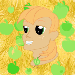 Size: 1919x1919 | Tagged: safe, artist:sarastudly, derpibooru import, big macintosh, human, abstract background, bust, freckles, humanized, male, smiling, solo