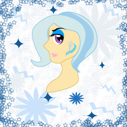 Size: 1920x1920 | Tagged: safe, artist:sarastudly, derpibooru import, trixie, human, abstract background, alternative cutie mark placement, bedroom eyes, bust, humanized, smiling, solo