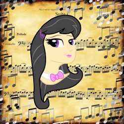 Size: 1440x1440 | Tagged: safe, artist:sarastudly, derpibooru import, octavia melody, human, abstract background, bowtie, bust, eyelashes, humanized, lipstick, music notes, smiling, solo