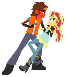 Size: 736x852 | Tagged: safe, artist:robertsonskywa1, derpibooru import, idw, sunset shimmer, equestria girls, blouse, boots, clothes, crossover, crossover shipping, denim, equestria girls-ified, headband, hot rod, jacket, jeans, leather jacket, more than meets the eye, pants, photo, rodimus, shipping, shoes, transformers