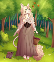 Size: 4200x4800 | Tagged: safe, artist:bluet0ast, derpibooru import, oc, oc only, oc:aurora ellery valentine, anthro, butterfly, classical unicorn, rabbit, unguligrade anthro, unicorn, animal, basket, clothes, cloven hooves, horn, leonine tail, looking up, outdoors, smiling, tree, unicorn oc