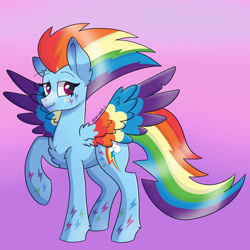 Size: 2000x2000 | Tagged: safe, artist:starlight-j, derpibooru import, rainbow dash, pegasus, pony, eyebrows, gradient background, grin, rainbow power, rainbow power-ified, raised hoof, raised leg, smiling, solo, wings