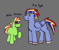 Size: 1149x976 | Tagged: safe, artist:tezzart, derpibooru import, oc, oc only, oc:atlas stratus, oc:zap apple, earth pony, pegasus, brother and sister, colt, duo, female, filly, freckles, gray background, magical lesbian spawn, male, offspring, parent:applejack, parent:rainbow dash, parents:appledash, siblings, simple background