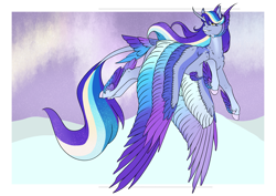 Size: 4961x3508 | Tagged: safe, artist:oneiria-fylakas, derpibooru import, oc, oc:aura sparkle, oc:rainy thunder, alicorn, pony, colored wings, female, fusion, mare, multicolored wings, solo, wings