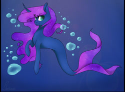 Size: 540x399 | Tagged: safe, artist:calla--lily, derpibooru import, oc, oc only, merpony, pony, seapony (g4), unicorn, blue background, bubble, fins, fish tail, flowing mane, flowing tail, green eyes, horn, looking at you, ocean, purple mane, seaponified, signature, simple background, solo, species swap, tail, underwater, water