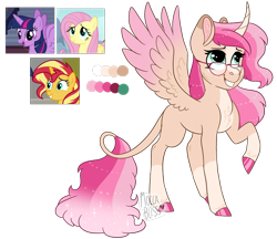 Size: 2075x1792 | Tagged: safe, artist:moccabliss, derpibooru import, fluttershy, sunset shimmer, twilight sparkle, twilight sparkle (alicorn), alicorn, pony, fusion, glasses, simple background, transparent background