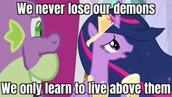 Size: 1920x1080 | Tagged: safe, derpibooru import, edit, edited screencap, screencap, princess twilight 2.0, spike, twilight sparkle, twilight sparkle (alicorn), alicorn, the last problem, caption, doctor strange, gigachad spike, image macro, movie quote, older, older spike, older twilight, text