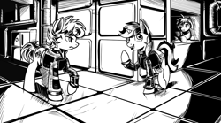 Size: 4252x2364 | Tagged: safe, artist:lexx2dot0, derpibooru import, oc, oc:blackjack, oc:p-21, earth pony, pony, unicorn, fallout equestria, fallout equestria: project horizons, black and white, book, comic, fanfic art, grayscale, horn, monochrome, small horn