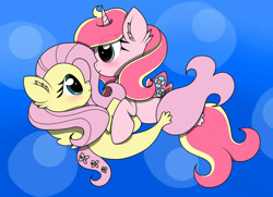 Size: 1024x742 | Tagged: safe, artist:detendobrony, derpibooru import, fluttershy, oc, oc:rosa flame, alicorn, pegasus, pony, seapony (g4), unicorn, blushing, bubble, canon x oc, dorsal fin, ear fluff, ears, eyelashes, female, fish tail, flowing tail, green eyes, horn, lesbian, looking at each other, ocean, pink mane, seaponified, seapony fluttershy, shipping, smiling, species swap, tail, underwater, water, wings