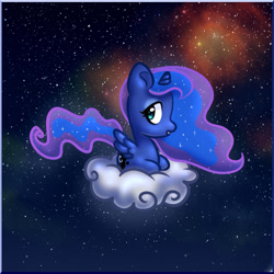 Size: 1024x1024 | Tagged: safe, artist:s-locon, derpibooru import, princess luna, alicorn, pony, chibi, cloud, cute, lunabetes, lying down, night, on a cloud, ponyloaf, profile, prone, sky, solo, space, stars