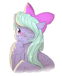 Size: 1075x1316 | Tagged: safe, artist:ghoasthead, derpibooru import, flitter, pegasus, pony, blushing, bust, cute, female, flitterbetes, looking at you, mare, one eye closed, simple background, smiling, smiling at you, solo, white background, wink, winking at you