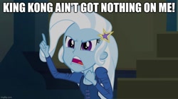 Size: 896x500 | Tagged: safe, derpibooru import, edit, edited screencap, screencap, trixie, equestria girls, rainbow rocks, caption, image macro, space jam, text