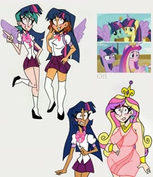 Size: 1747x2023 | Tagged: safe, artist:citi, derpibooru import, screencap, princess cadance, twilight sparkle, twilight sparkle (alicorn), alicorn, human, once upon a zeppelin, clothes, cosplay, costume, cutie mark accessory, female, humanized, scene interpretation, screencap reference, sisters-in-law, socks, stockings, thigh highs