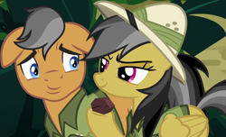 Size: 1584x960 | Tagged: safe, derpibooru import, screencap, daring do, quibble pants, earth pony, pegasus, pony, season 6, stranger than fan fiction, duo, female, male, mare, rock, stallion