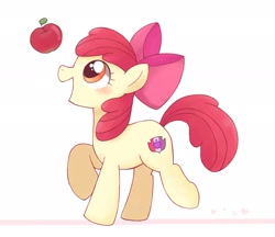 Size: 2048x1766 | Tagged: safe, artist:ginmaruxx, derpibooru import, apple bloom, earth pony, pony, adorabloom, apple, blushing, cute, female, filly, food, raised hoof, raised leg, simple background, solo, white background