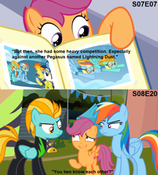 Size: 842x932 | Tagged: safe, derpibooru import, screencap, lightning dust, rainbow dash, scootaloo, spitfire, pegasus, pony, parental glideance, the washouts (episode), book, caption, clothes, continuity error, female, filly, mare, photography, text, uniform, washouts uniform