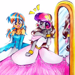 Size: 2634x2634 | Tagged: safe, artist:liaaqila, derpibooru import, princess cadance, oc, oc:cold front, oc:disty, equestria girls, bracelet, clothes, cosplay, costume, crossdressing, cute, dress, evening gloves, femboy, gay, gloves, gown, hairband, happy, jewelry, long gloves, male, mirror, oc x oc, shipping, smiling, wholesome, wig