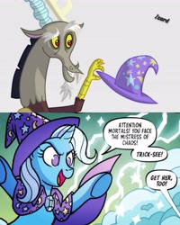 Size: 3277x4096 | Tagged: safe, artist:tonyfleecs, derpibooru import, edit, editor:zcord, discord, trixie, draconequus, pony, spoiler:comic, spoiler:comic97, clothes, dialogue, female, hat, high res, implied shipping, implied transformation, lightning, male, shipping, signature, story included, trixie's hat