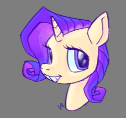 Size: 637x595 | Tagged: safe, artist:villainappie, derpibooru import, rarity, pony, unicorn, bust, gray background, simple background, smiling, solo