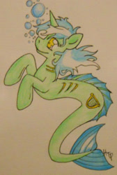 Size: 406x603 | Tagged: safe, artist:haterthepony, derpibooru import, lyra heartstrings, merpony, pony, seapony (g4), unicorn, bubble, dorsal fin, female, fish tail, flowing mane, flowing tail, gills, golden eyes, horn, looking up, seaponified, seapony lyra, simple background, smiling, solo, species swap, tail, white background