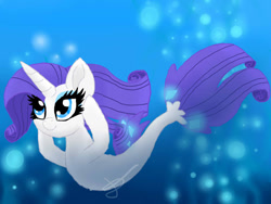 Size: 960x720 | Tagged: safe, artist:lightstar2001, derpibooru import, rarity, pony, seapony (g4), unicorn, bioluminescent, blue eyes, blue mane, bubble, colored pupils, dorsal fin, eyelashes, female, fish tail, flowing mane, flowing tail, horn, ocean, seaponified, seapony rarity, seaweed, signature, smiling, solo, species swap, swimming, tail, underwater, water, watermark