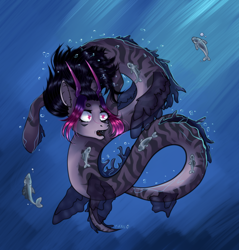 Size: 1080x1128 | Tagged: safe, artist:yunlo, derpibooru import, oc, oc only, fish, hybrid, merpony, sea pony, bubble, crepuscular rays, dorsal fin, fangs, fins, flowing mane, horns, ocean, open mouth, solo, swimming, underwater, water, wingding eyes