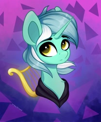 Size: 1875x2250 | Tagged: safe, artist:stravyvox, derpibooru import, lyra heartstrings, pony, unicorn, fanfic:background pony, abstract background, bust, clothes, dig the swell hoodie, female, hoodie, lyre, mare, musical instrument, portrait, solo