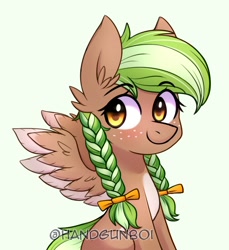 Size: 692x757 | Tagged: safe, artist:handgunboi, derpibooru import, oc, oc only, oc:sylvia evergreen, pegasus, pony, bow, braid, female, freckles, green background, looking at you, mare, simple background, smiling, smiling at you, twin braids, twintails