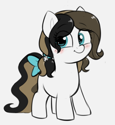 Size: 1668x1808 | Tagged: safe, artist:heretichesh, derpibooru import, oc, oc only, oc:chocolate fudge, earth pony, pony, blushing, bow, cute, female, filly, looking at you, pigtails, simple background, solo, tail bow, white background