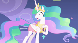 Size: 960x539 | Tagged: safe, artist:thedarkpony, derpibooru import, edit, edited screencap, screencap, princess celestia, alicorn, pony, horse play, clothes, compression shorts, fart, fart edit, fart noise, female, mare, onomatopoeia, shorts, sound effects