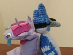 Size: 2621x1968 | Tagged: safe, artist:casquitos kawaii, derpibooru import, twilight sparkle, pony, amigurumi, crochet, crossover, crossover shipping, crying, female, irl, male, meme, mordecai, mordetwi, photo, plushie, puppet, redraw mordetwi meme, regular show, shipping, straight
