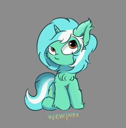 Size: 1116x1132 | Tagged: safe, artist:wevepon3, derpibooru import, lyra heartstrings, pony, unicorn, cheek fluff, cute, ear fluff, ears, female, fluffy, gray background, leg fluff, lowres, mare, simple background, sitting, smiling, solo