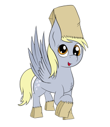 Size: 1932x2221 | Tagged: safe, artist:wapamario63, derpy hooves, pegasus, pony, chest fluff, cute, female, flat colors, mare, nightmare night costume, open mouth, paper bag, paper bag wizard, raised hoof, raised leg, simple background, solo, spread wings, transparent background, wings