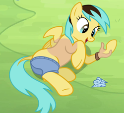 Size: 413x377 | Tagged: safe, artist:anonymous, sunshower raindrops, pegasus, pony, /mlp/, /ptfg/, boxers, bracelet, clothes, dock, excited, female, fusing fingers, human to pony, jewelry, lying down, mare, on side, open mouth, open smile, show accurate, smiling, solo, species swap, transformation, transgender transformation, underhoof, underwear, wingpony badge, wristband