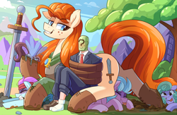 Size: 2480x1617 | Tagged: safe, artist:nignogs, derpibooru import, ponerpics import, oc, oc only, oc:anon, oc:ginger scotch, oc:nordpone, breezie, earth pony, human, blushing, damsel in distress, fanfic art, female, freckles, grin, guardsmare, hoof boots, male, mare, outdoors, rescue, reversed gender roles equestria, royal guard, size difference, smiling, smug, sweat, sword, tied up, tongue, tongue out, tree, weapon